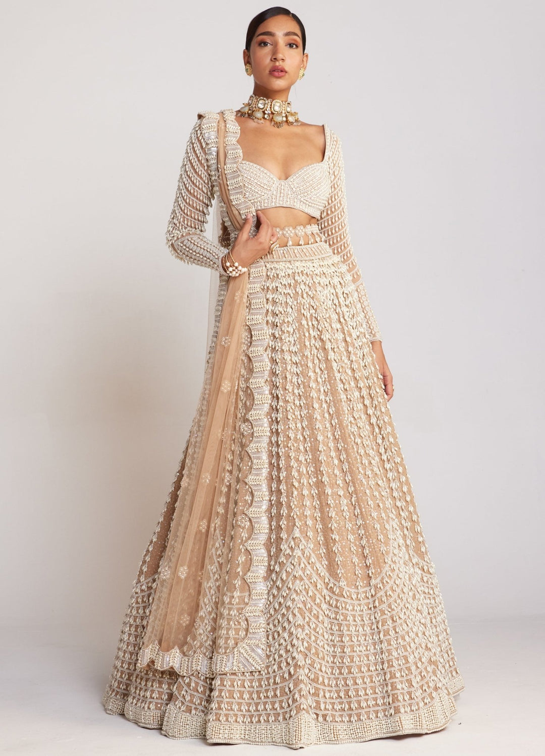 Beige Georgette Lehenga Set With Chandelier Pearl Work Vvani By Vani Vats - Fabilicious Fashion