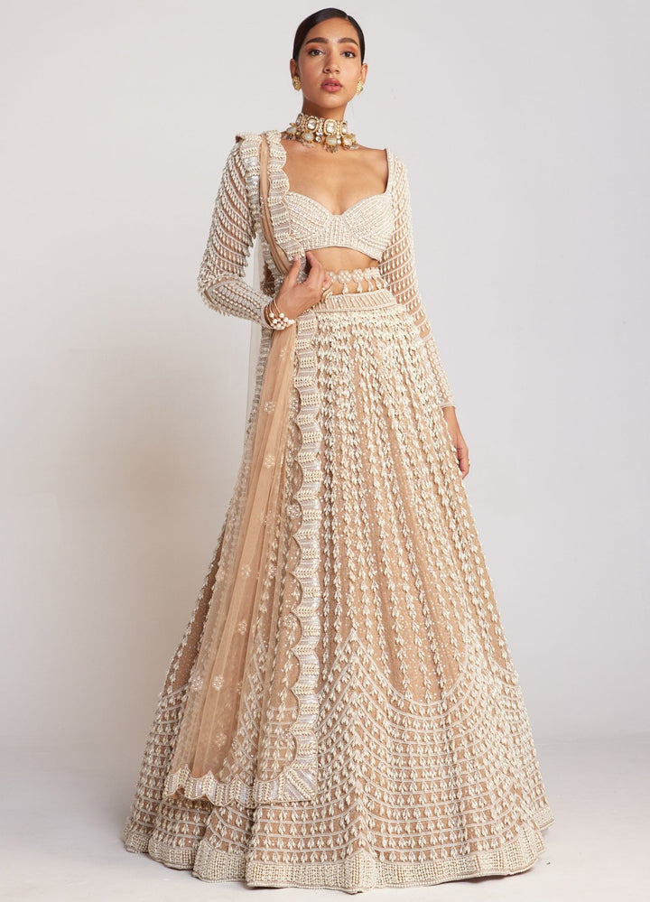 Beige Georgette Lehenga Set With Chandelier Pearl Work Vvani By Vani Vats - Fabilicious Fashion