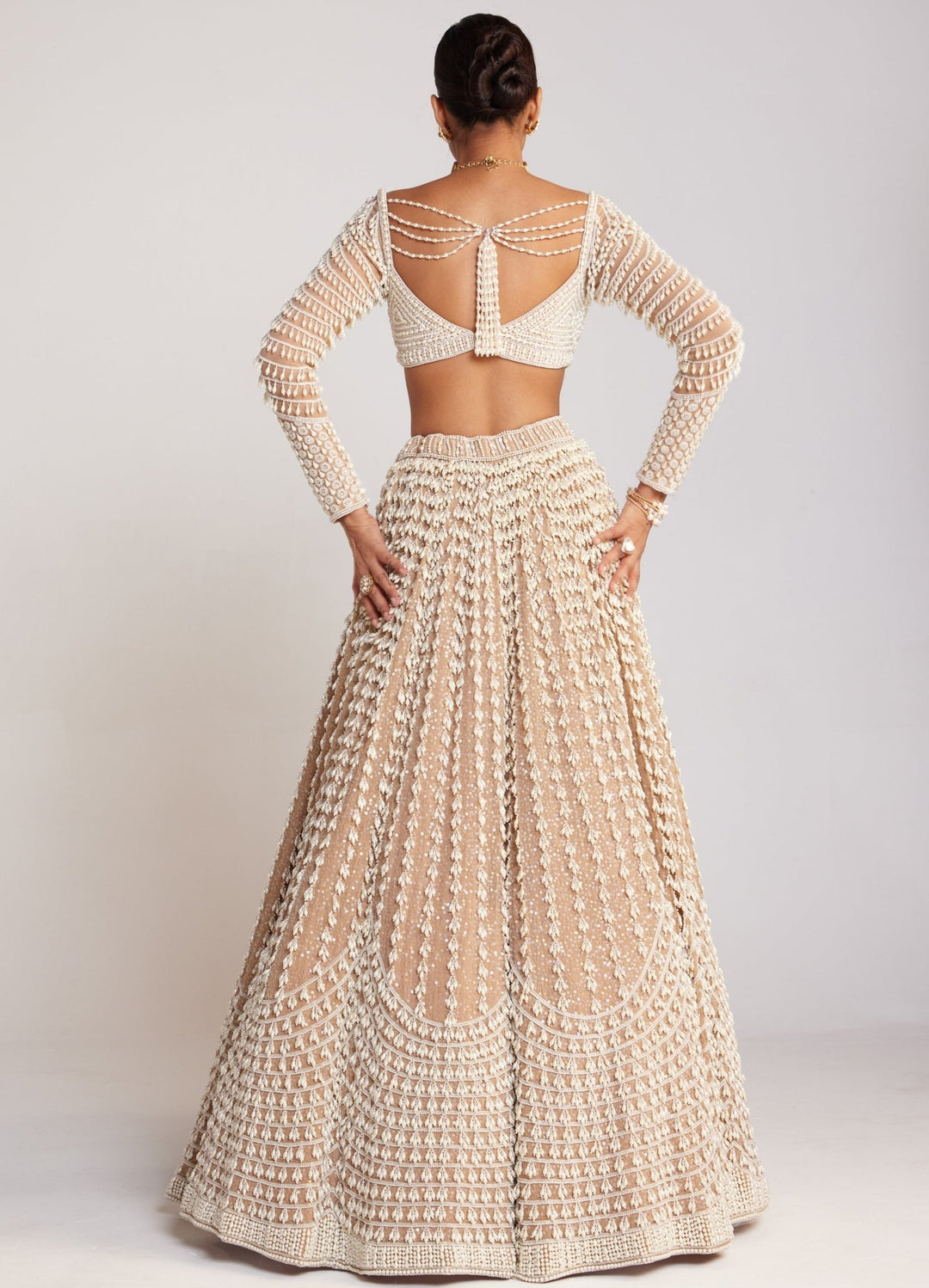 Beige Georgette Lehenga Set With Chandelier Pearl Work Vvani By Vani Vats - Fabilicious Fashion