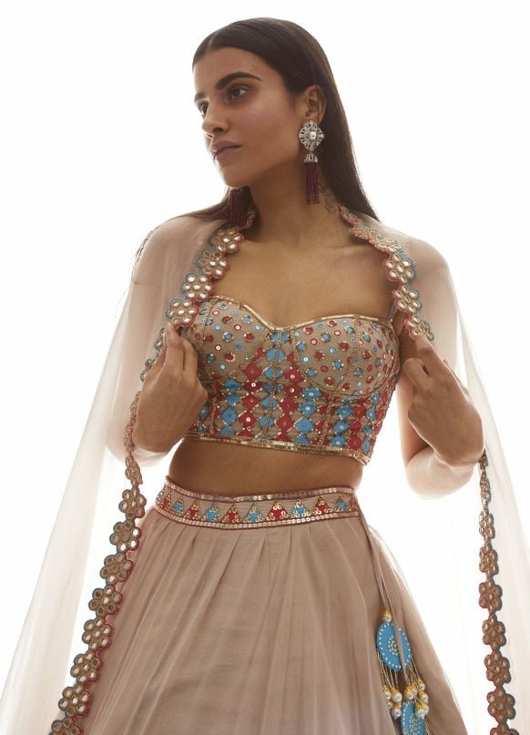 Beige Gold Applique Corset Lehenga Set Vvani by Vani Vats - Fabilicious Fashion