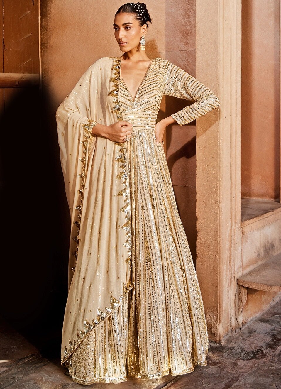 Beige Gold Embellished Georgette Anarkali With Sequinned Dupatta Prevasu - Fabilicious Fashion