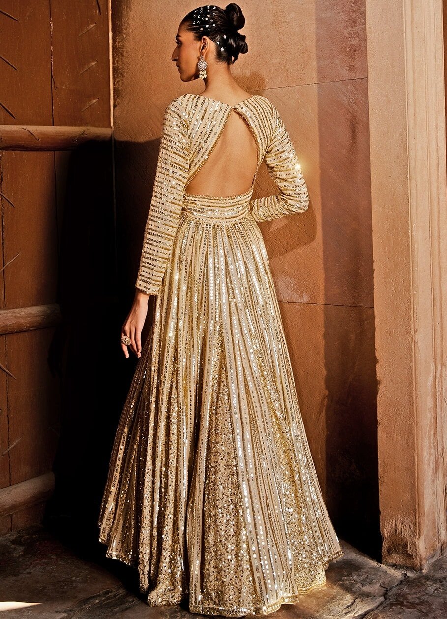 Beige Gold Embellished Georgette Anarkali With Sequinned Dupatta Prevasu - Fabilicious Fashion