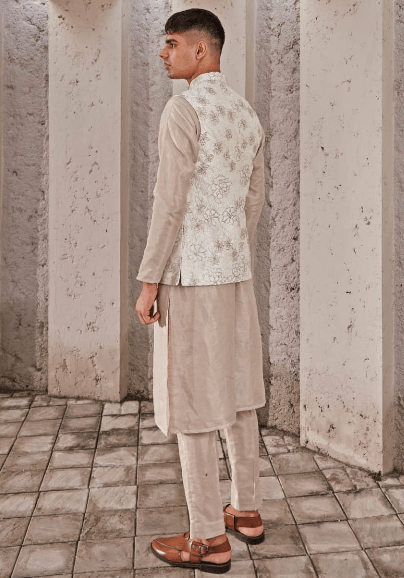 Beige Gold Embroidered Bandi Kurta Set Nidhika Shekhar - Men - Fabilicious Fashion