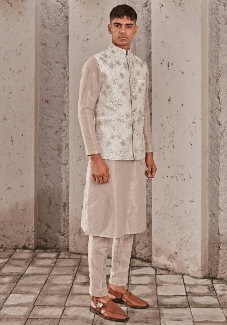 Beige Gold Embroidered Bandi Kurta Set Nidhika Shekhar - Men - Fabilicious Fashion