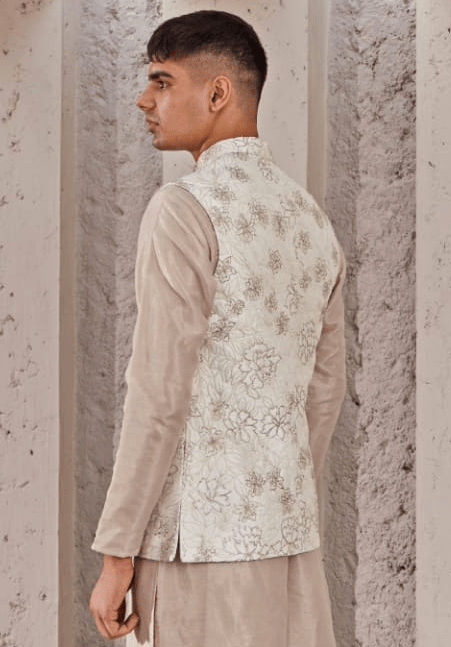Beige Gold Embroidered Bandi Nidhika Shekhar - Men - Fabilicious Fashion