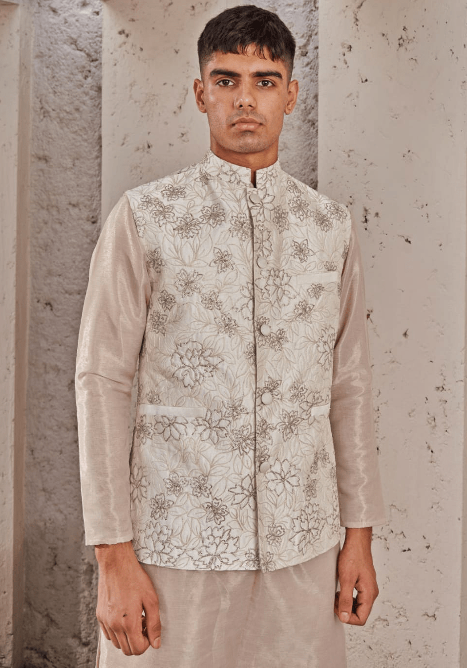 Beige Gold Embroidered Bandi Nidhika Shekhar - Men - Fabilicious Fashion