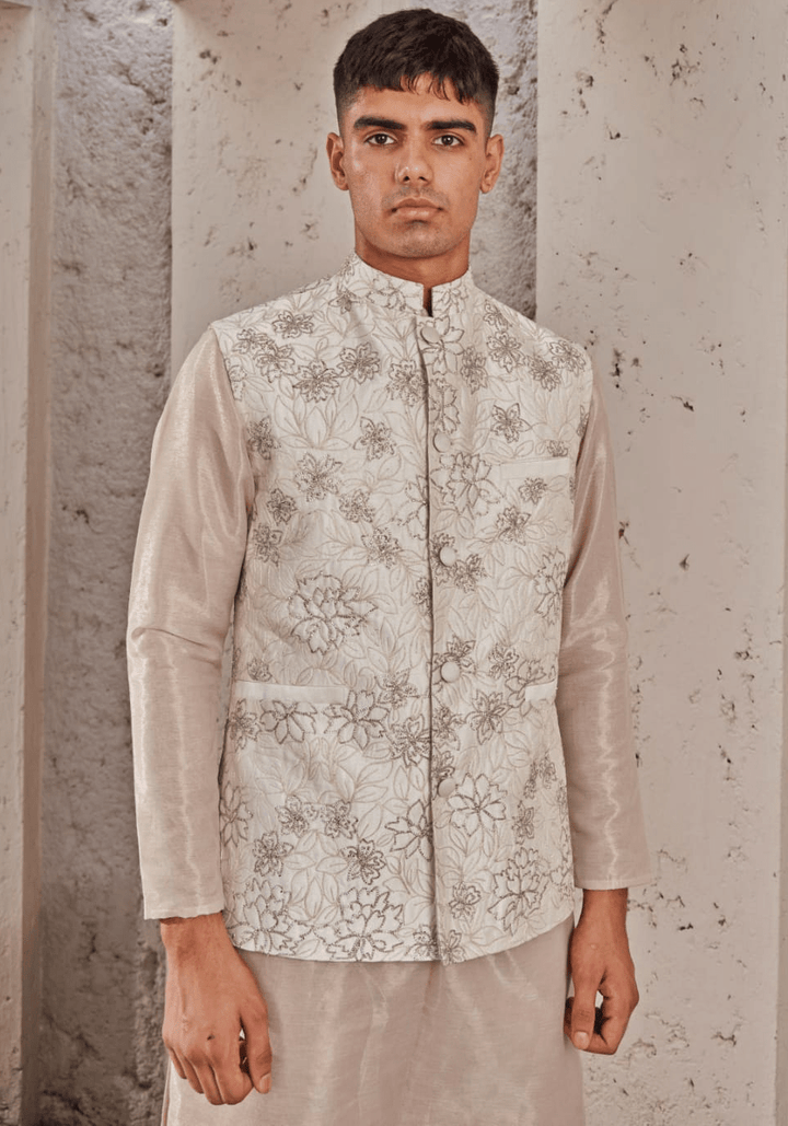 Beige Gold Embroidered Bandi Nidhika Shekhar - Men - Fabilicious Fashion