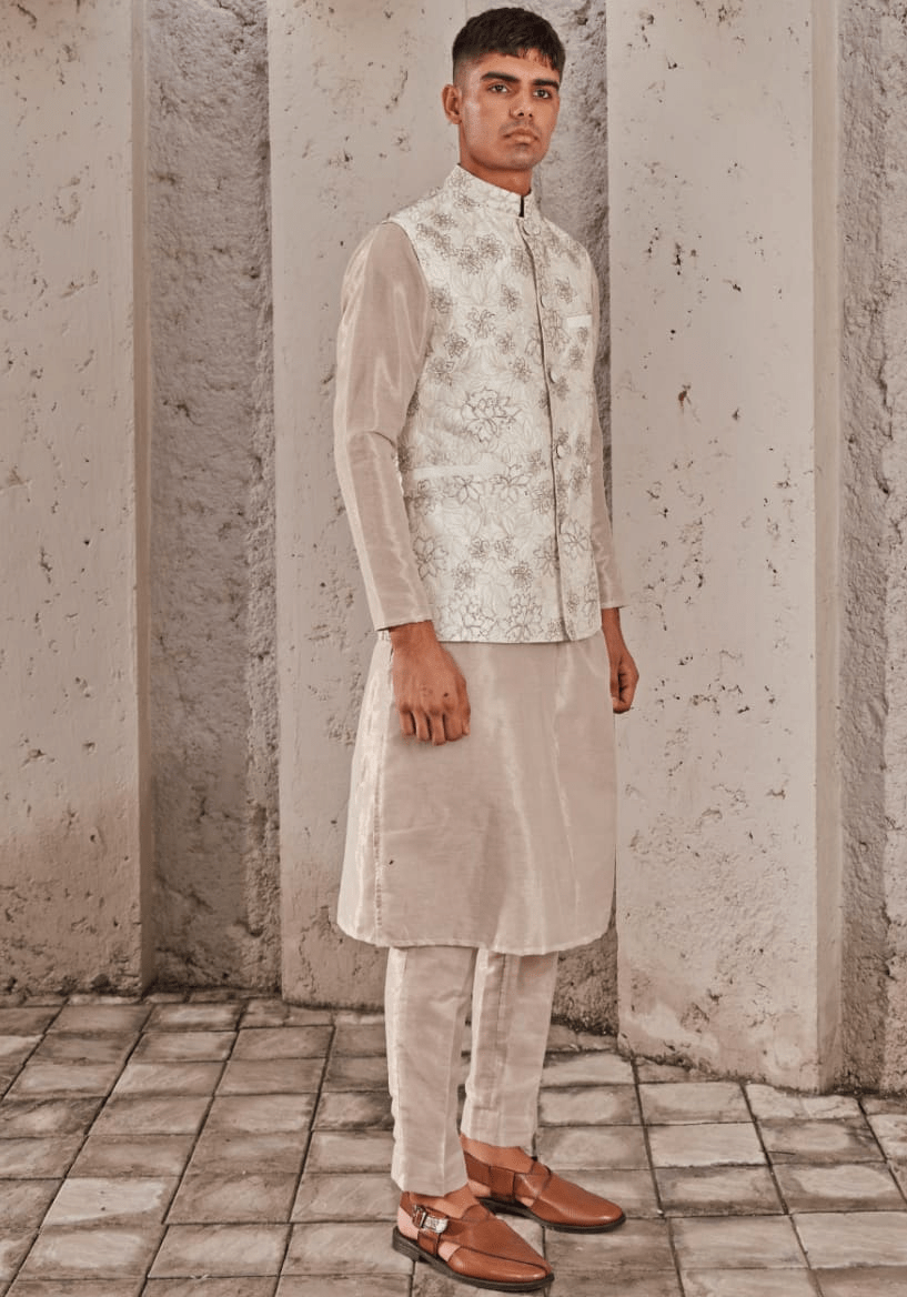 Beige Gold Embroidered Bandi Nidhika Shekhar - Men - Fabilicious Fashion