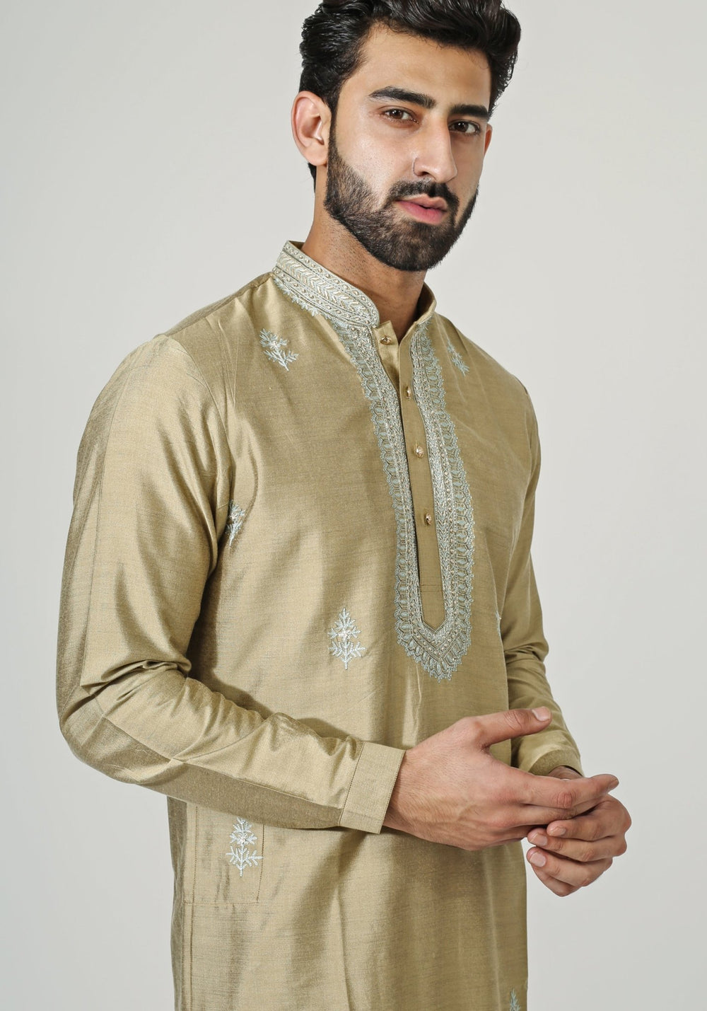 Beige Gold Embroidered Kurta Set Chatenya Mittal - Fabilicious Fashion