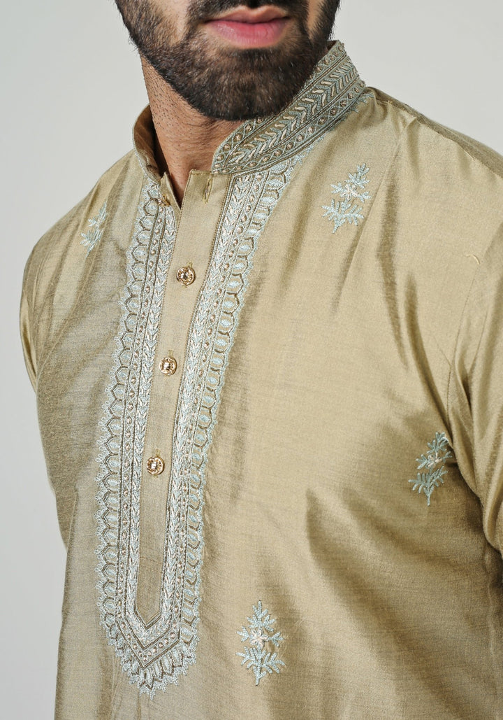 Beige Gold Embroidered Kurta Set Chatenya Mittal - Fabilicious Fashion