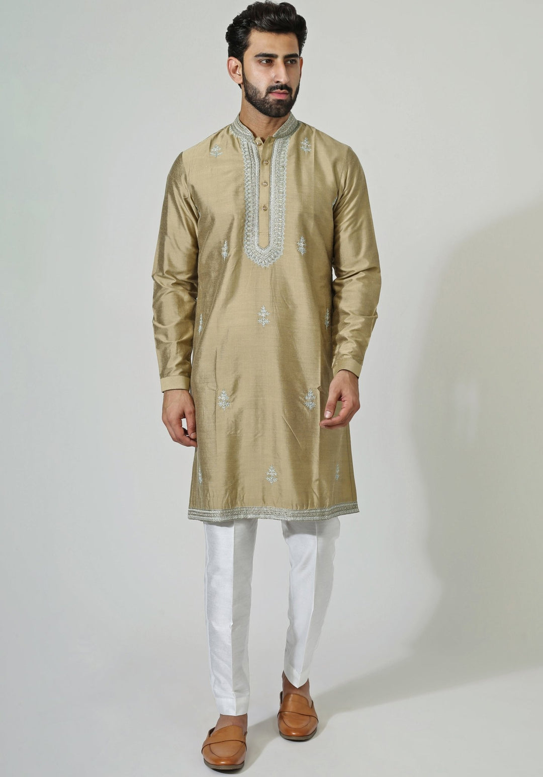 Beige Gold Embroidered Kurta Set Chatenya Mittal - Fabilicious Fashion