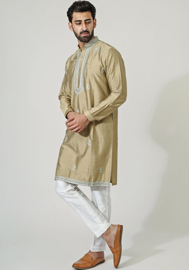 Beige Gold Embroidered Kurta Set Chatenya Mittal - Fabilicious Fashion