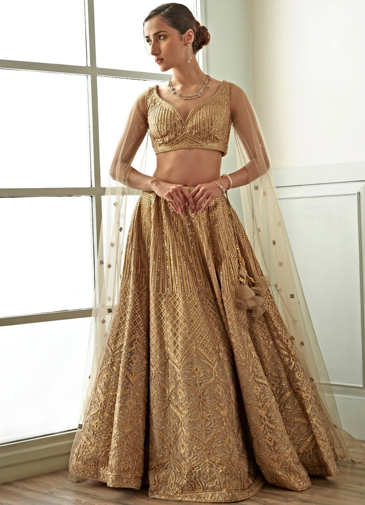Beige Gold Embroidered Lehenga Set Studio Iris - Fabilicious Fashion