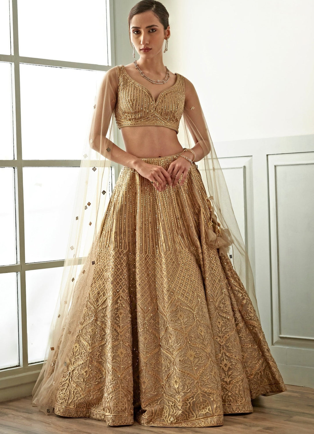 Beige Gold Embroidered Lehenga Set Studio Iris - Fabilicious Fashion