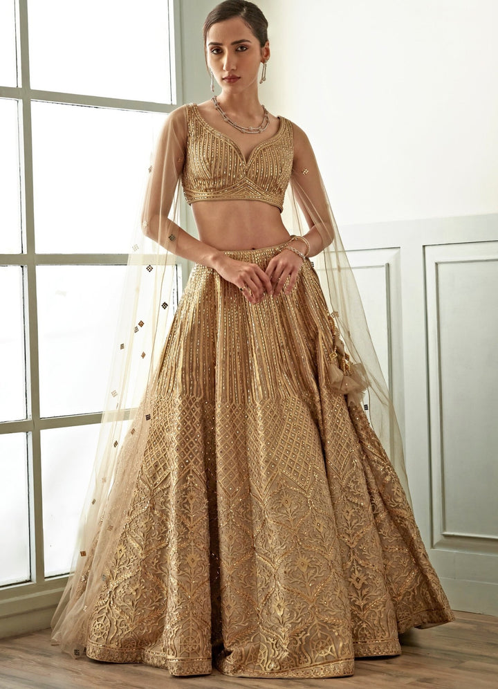 Beige Gold Embroidered Lehenga Set Studio Iris - Fabilicious Fashion
