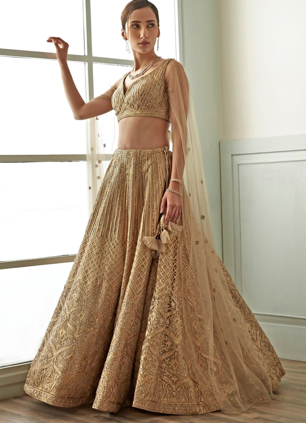 Beige Gold Embroidered Lehenga Set Studio Iris - Fabilicious Fashion