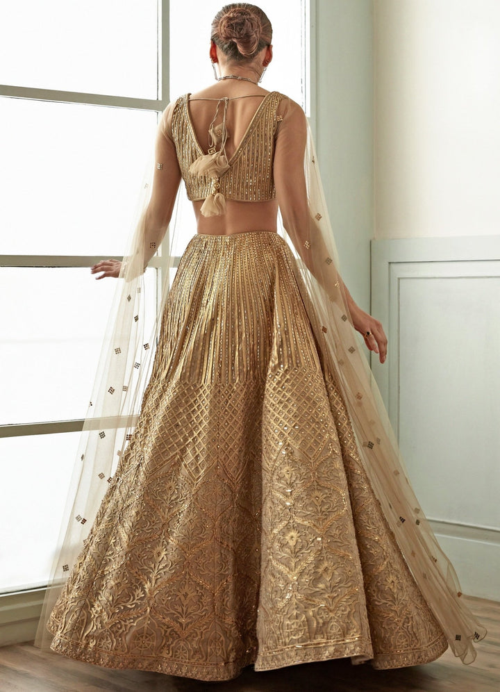 Beige Gold Embroidered Lehenga Set Studio Iris - Fabilicious Fashion