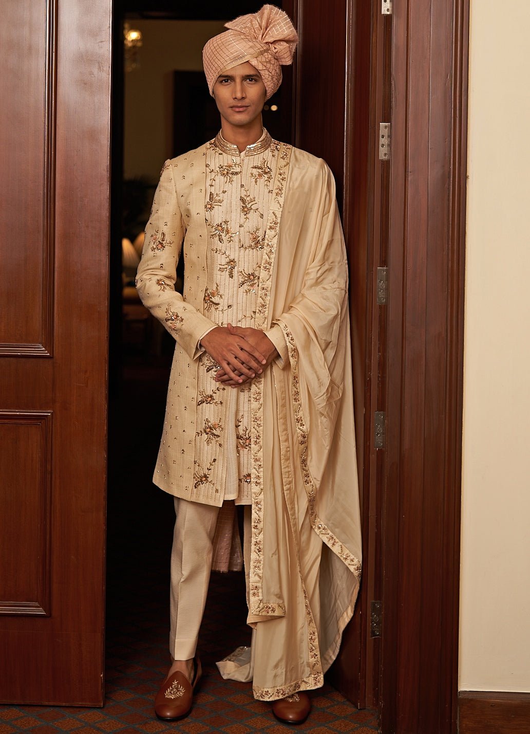 Beige Gold Embroidered Sherwani Set Contrast by Parth - Fabilicious Fashion