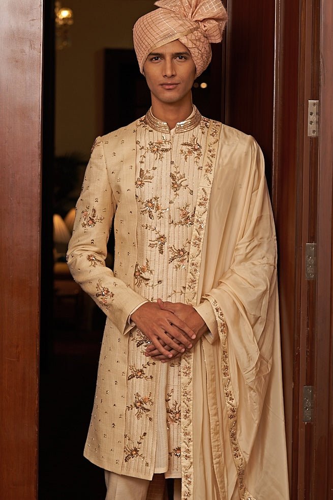 Beige Gold Embroidered Sherwani Set Contrast by Parth - Fabilicious Fashion