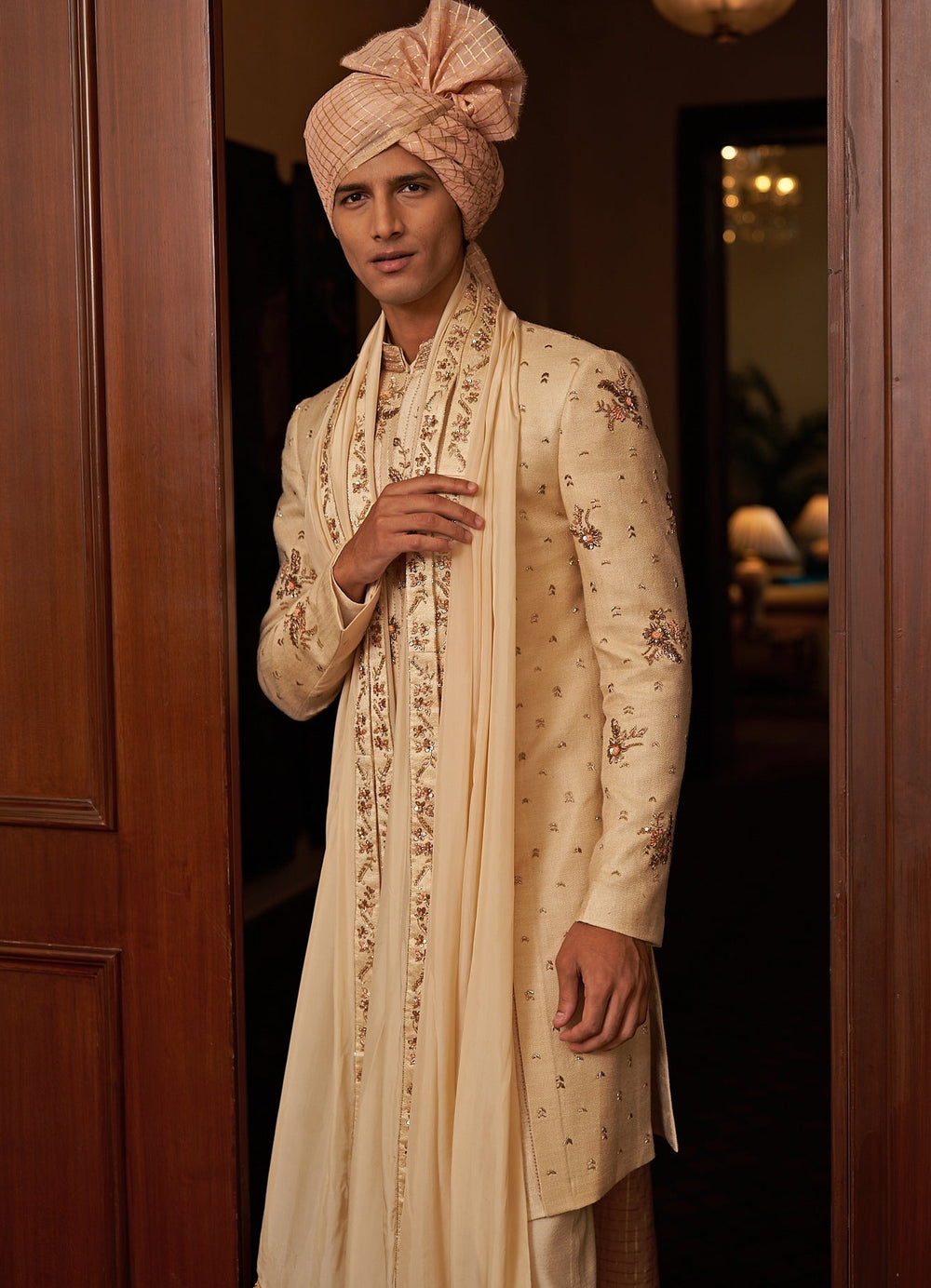 Beige Gold Embroidered Sherwani Set Contrast by Parth - Fabilicious Fashion