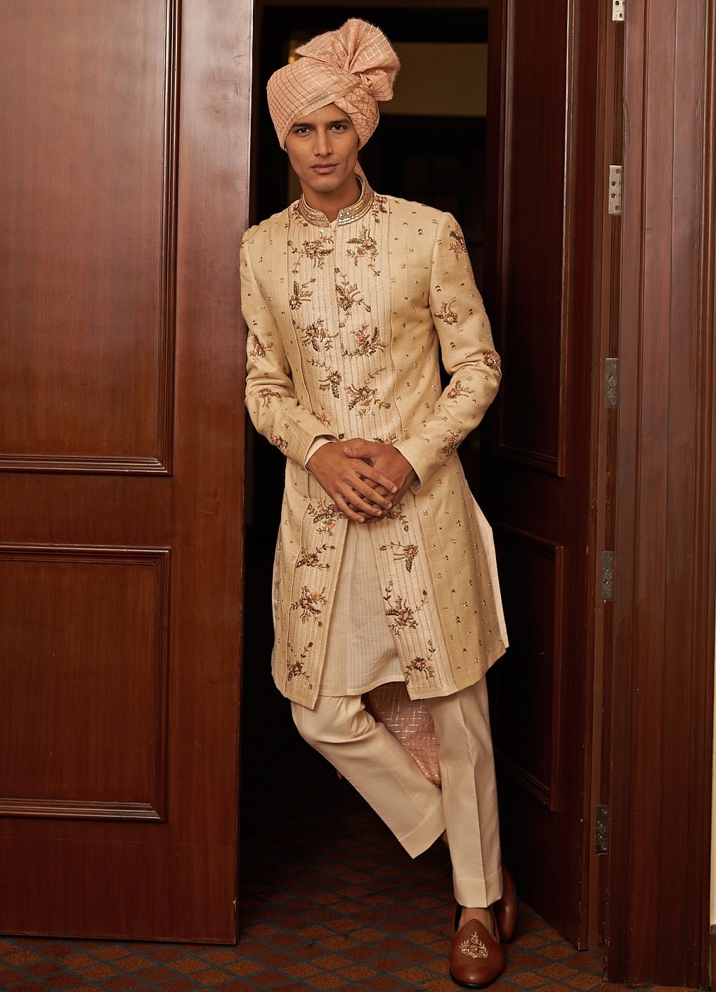 Beige Gold Embroidered Sherwani Set Contrast by Parth - Fabilicious Fashion