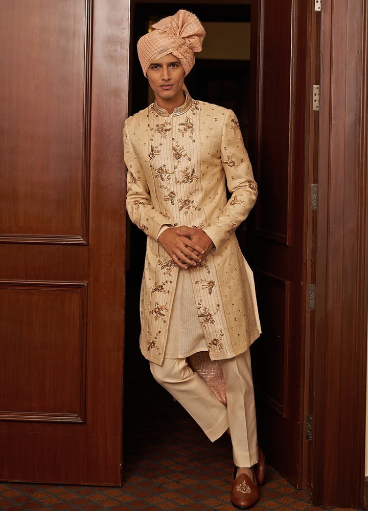 Beige Gold Embroidered Sherwani Set Contrast by Parth - Fabilicious Fashion
