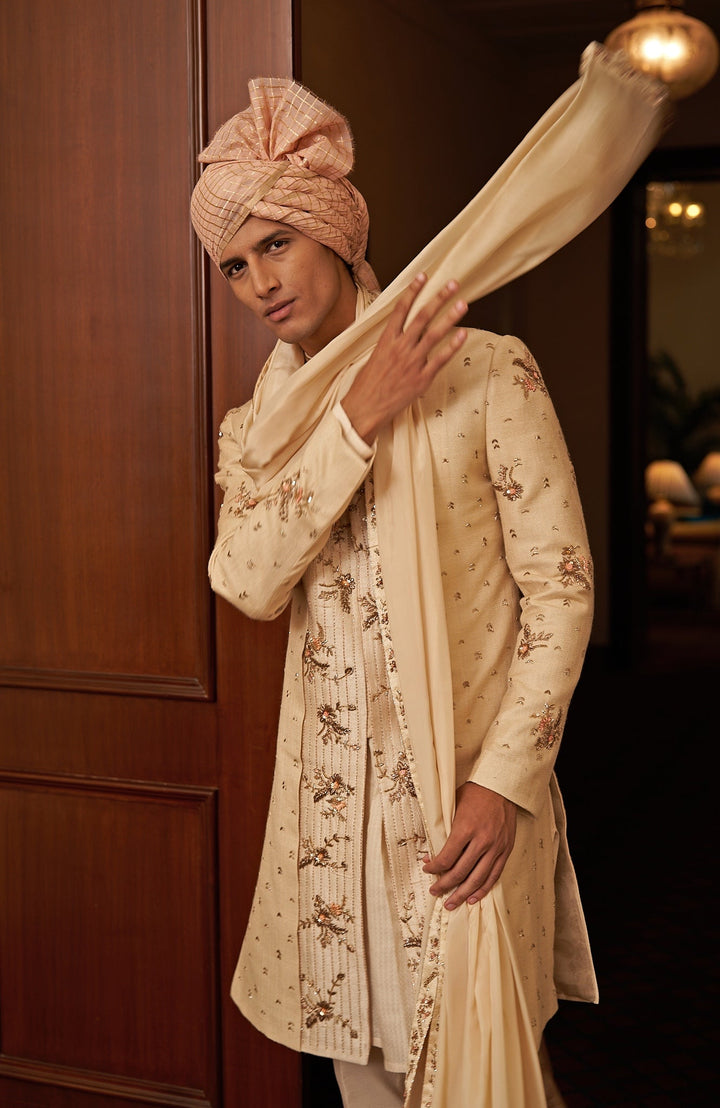Beige Gold Embroidered Sherwani Set Contrast by Parth - Fabilicious Fashion