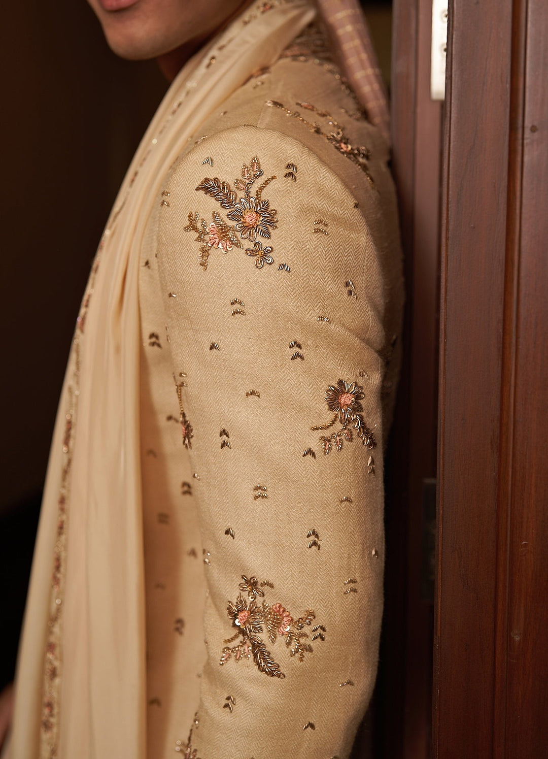 Beige Gold Embroidered Sherwani Set Contrast by Parth - Fabilicious Fashion