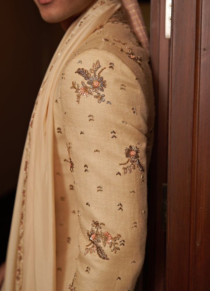 Beige Gold Embroidered Sherwani Set Contrast by Parth - Fabilicious Fashion