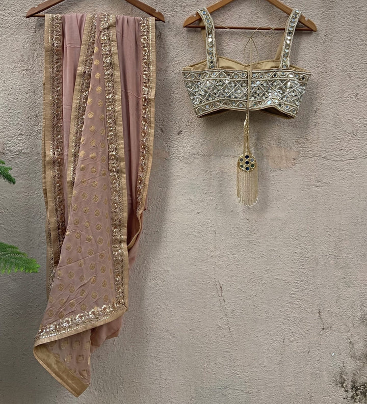 Beige Gold Georgette Saree Set Priti Sahni - Fabilicious Fashion