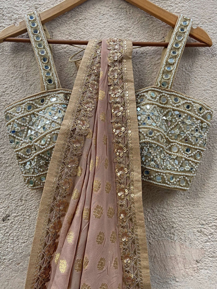 Beige Gold Georgette Saree Set Priti Sahni - Fabilicious Fashion