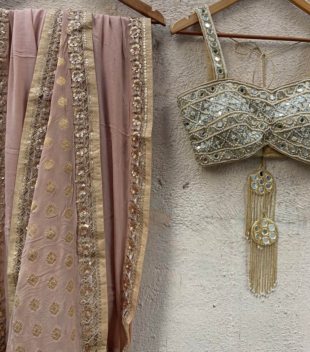 Beige Gold Georgette Saree Set Priti Sahni - Fabilicious Fashion