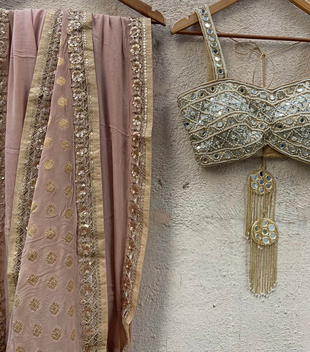 Beige Gold Georgette Saree Set Priti Sahni - Fabilicious Fashion
