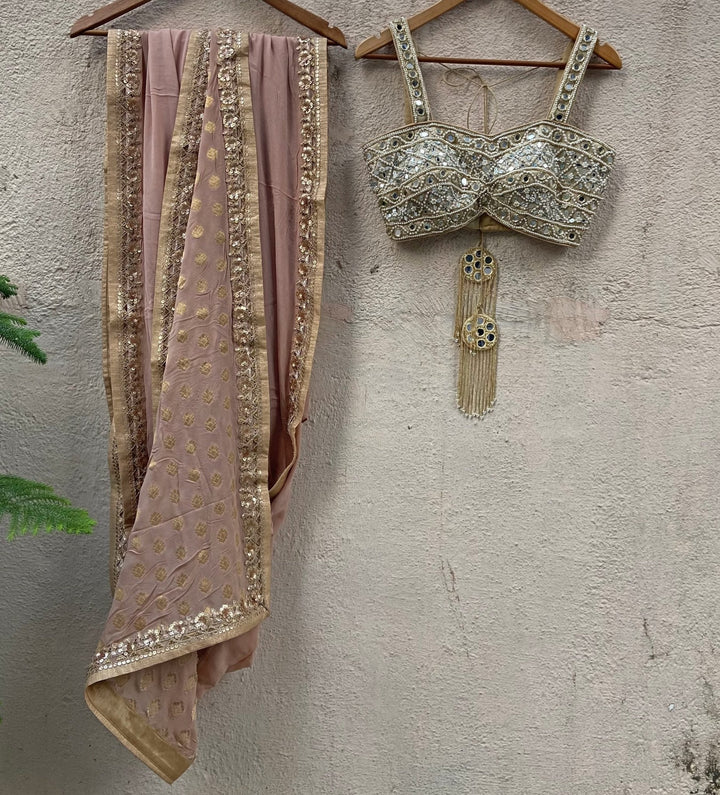 Beige Gold Georgette Saree Set Priti Sahni - Fabilicious Fashion