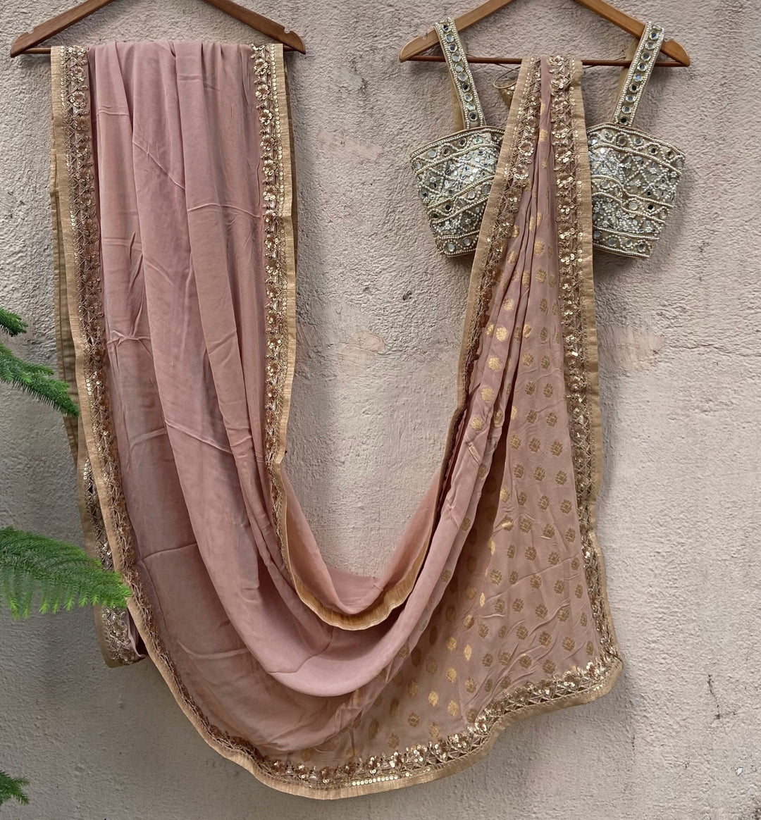 Beige Gold Georgette Saree Set Priti Sahni - Fabilicious Fashion