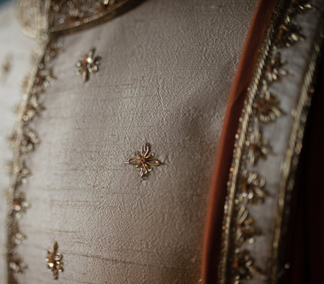 Beige Gold Hand embroidered Sherwani with kurta and pant set Contrast By Parth - Fabilicious Fashion