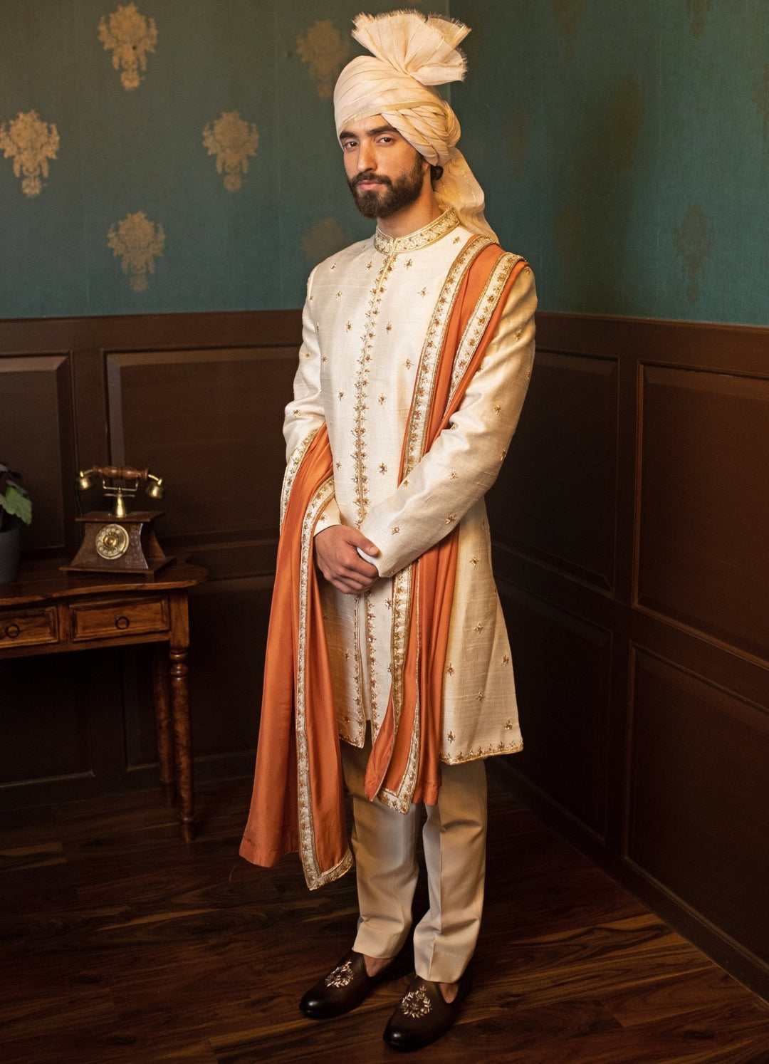 Beige Gold Hand embroidered Sherwani with kurta and pant set Contrast By Parth - Fabilicious Fashion