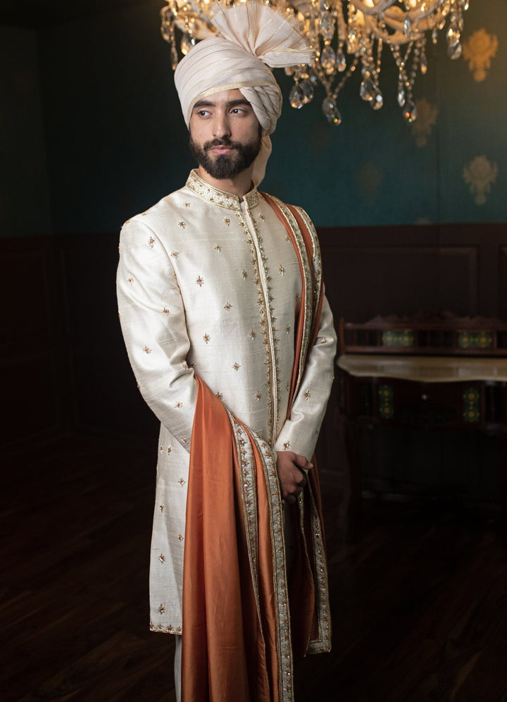 Beige Gold Hand embroidered Sherwani with kurta and pant set Contrast By Parth - Fabilicious Fashion