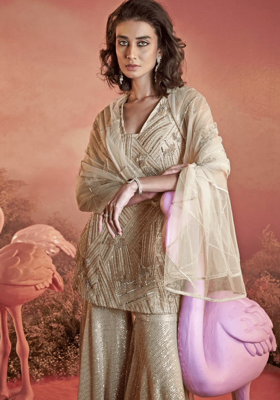Beige Gold Kurta Sharara Set Parul Gandhi - Fabilicious Fashion