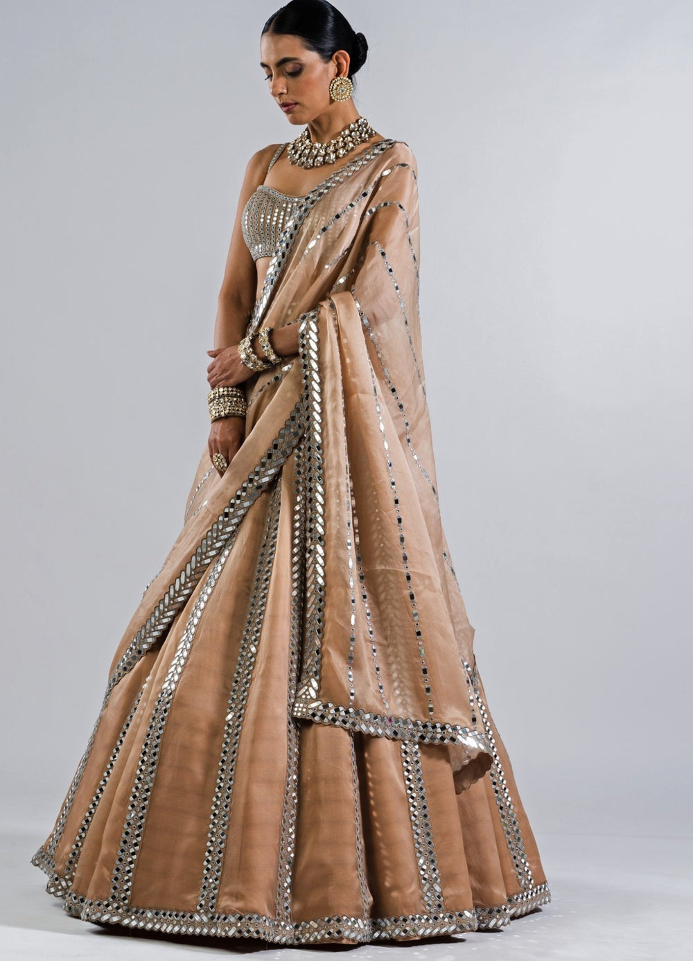 Beige Gold Multi Linear Drop Mirror Lehenga With Metallic Sequinned Blouse Vvani by Vani Vats - Fabilicious Fashion