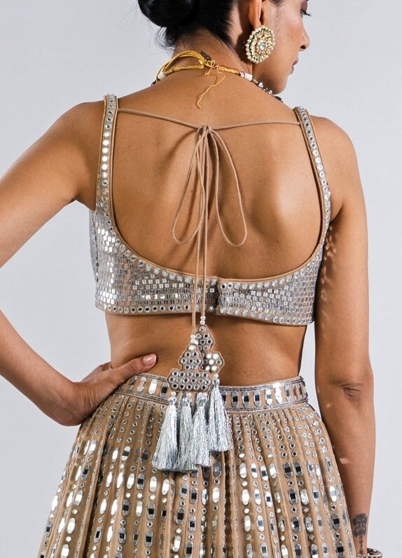 Beige Gold Multi Linear Drop Mirror Lehenga With Metallic Sequinned Blouse Vvani by Vani Vats - Fabilicious Fashion