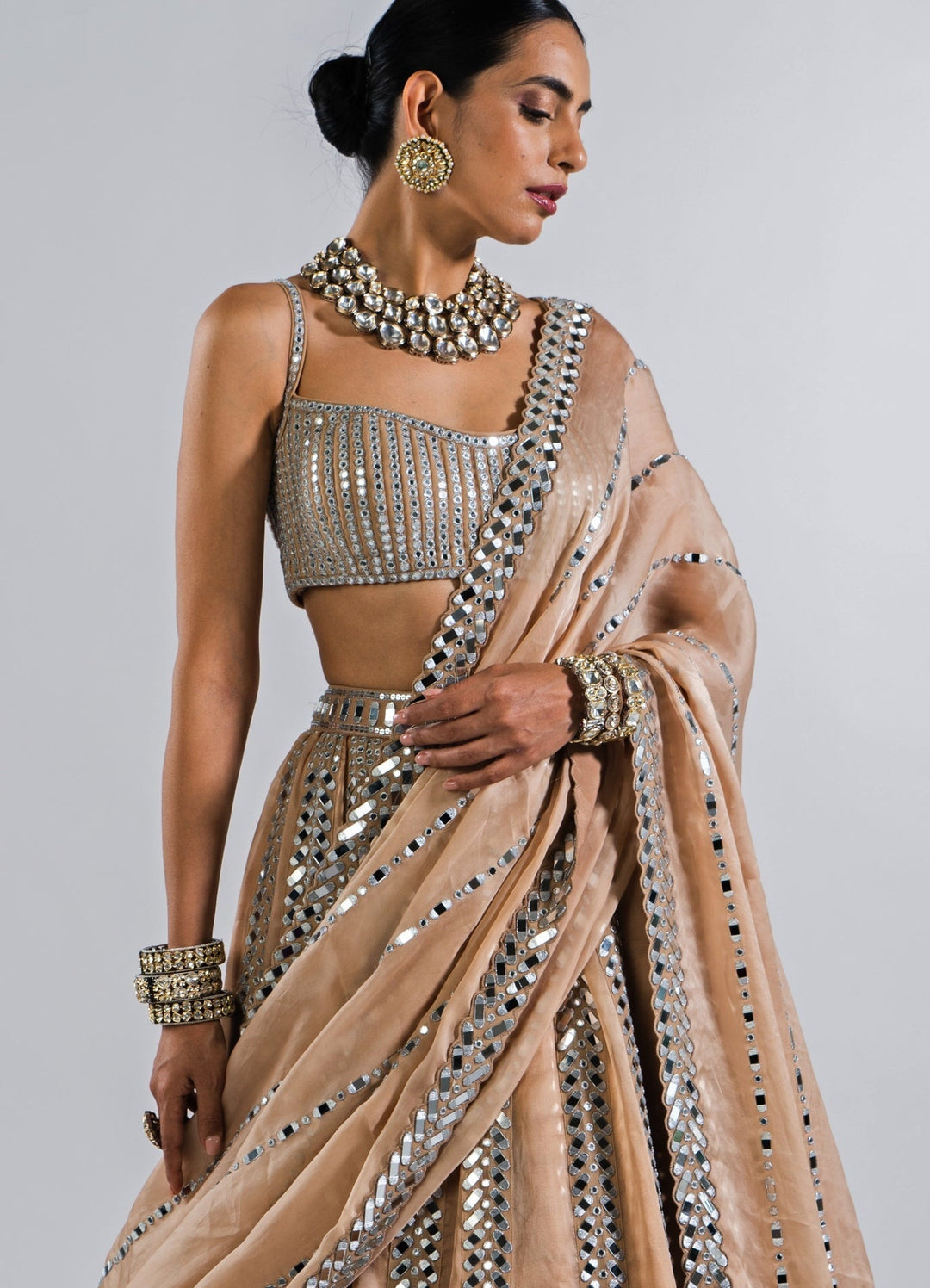 Beige Gold Multi Linear Drop Mirror Lehenga With Metallic Sequinned Blouse Vvani by Vani Vats - Fabilicious Fashion