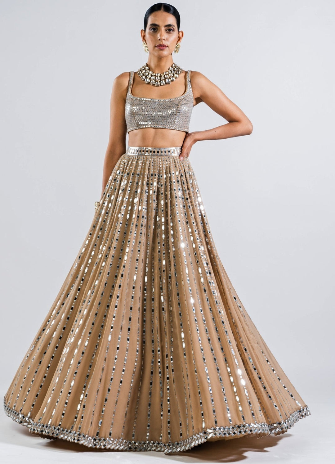 Beige Gold Multi Linear Drop Mirror Lehenga With Metallic Sequinned Blouse Vvani by Vani Vats - Fabilicious Fashion