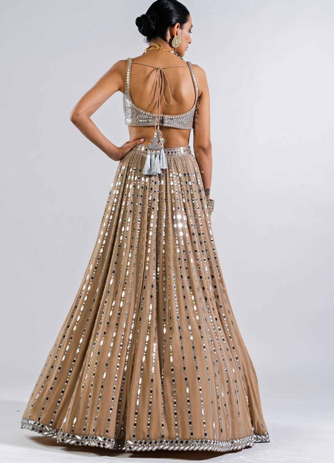 Beige Gold Multi Linear Drop Mirror Lehenga With Metallic Sequinned Blouse Vvani by Vani Vats - Fabilicious Fashion