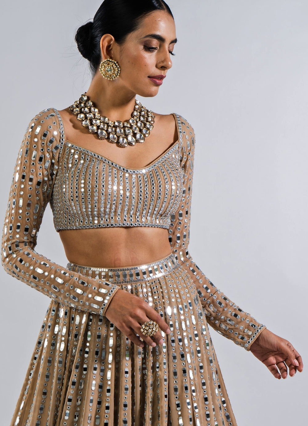 Beige Gold Multi Linear Pattern Mirror Lehenga With Full Sleeves Mirror Blouse Vvani by Vani Vats - Fabilicious Fashion