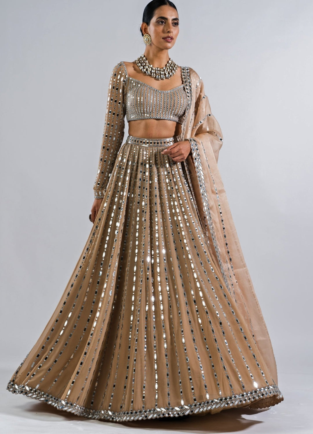 Beige Gold Multi Linear Pattern Mirror Lehenga With Full Sleeves Mirror Blouse Vvani by Vani Vats - Fabilicious Fashion