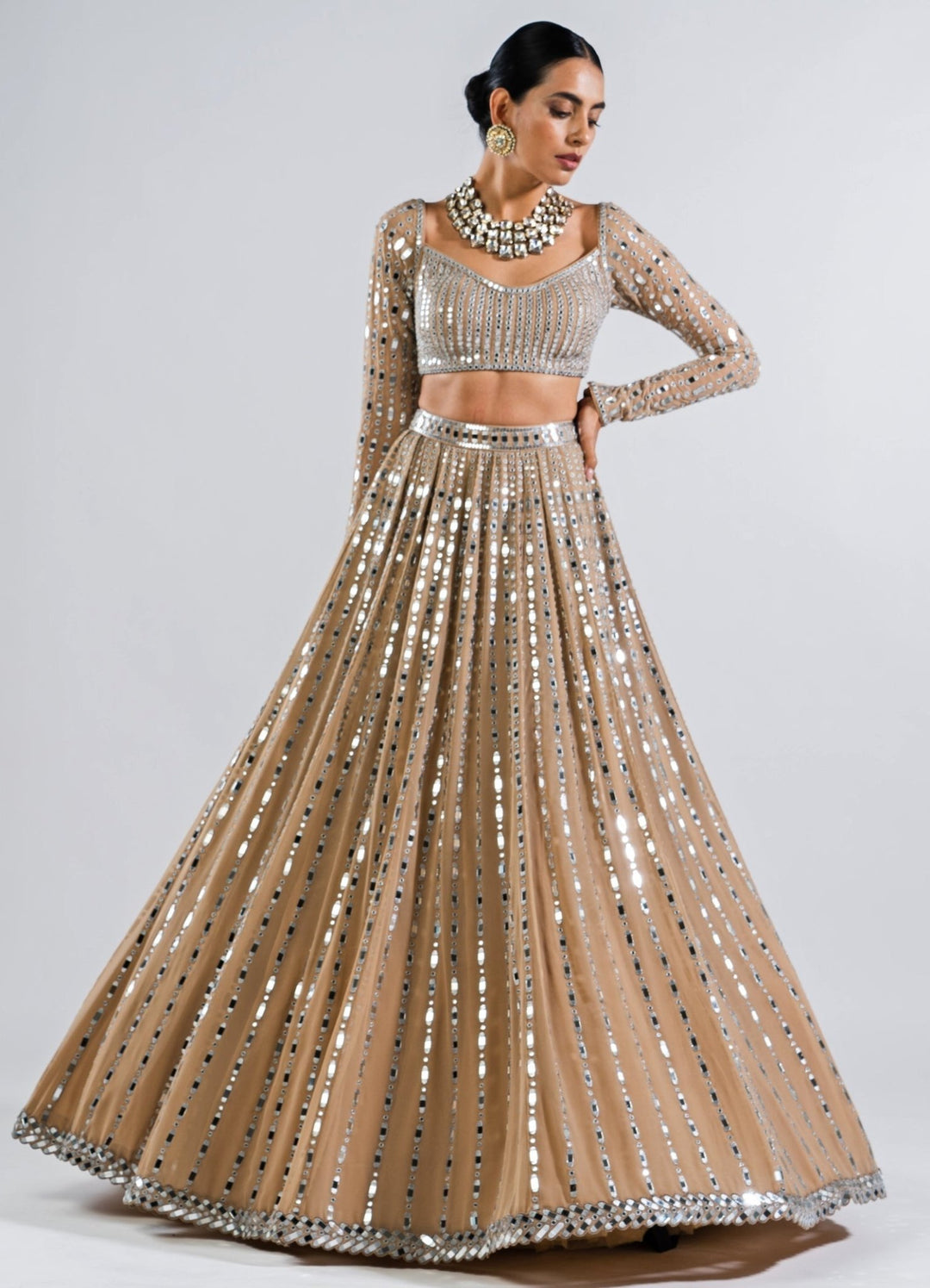 Beige Gold Multi Linear Pattern Mirror Lehenga With Full Sleeves Mirror Blouse Vvani by Vani Vats - Fabilicious Fashion