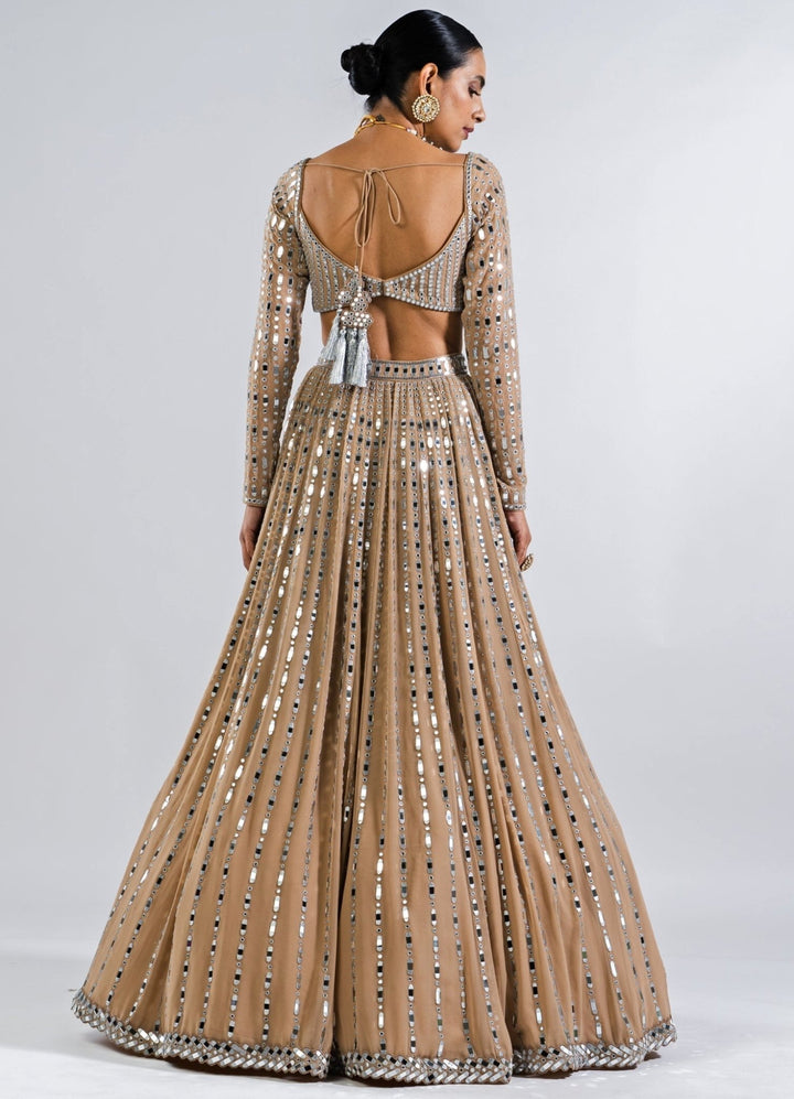 Beige Gold Multi Linear Pattern Mirror Lehenga With Full Sleeves Mirror Blouse Vvani by Vani Vats - Fabilicious Fashion