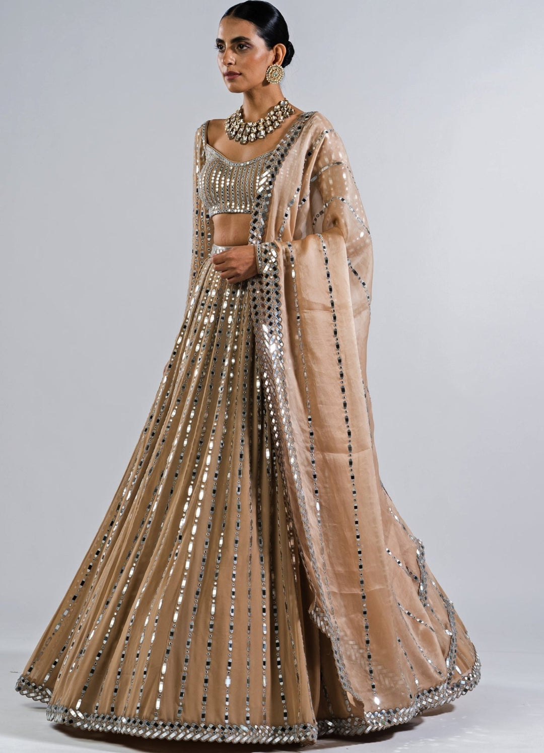Beige Gold Multi Linear Pattern Mirror Lehenga With Full Sleeves Mirror Blouse Vvani by Vani Vats - Fabilicious Fashion