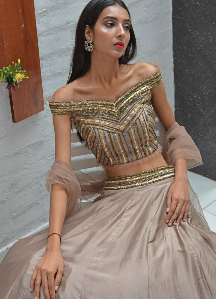 Beige Gold Off Shoulder Lehenga Set Parul Gandhi - Fabilicious Fashion